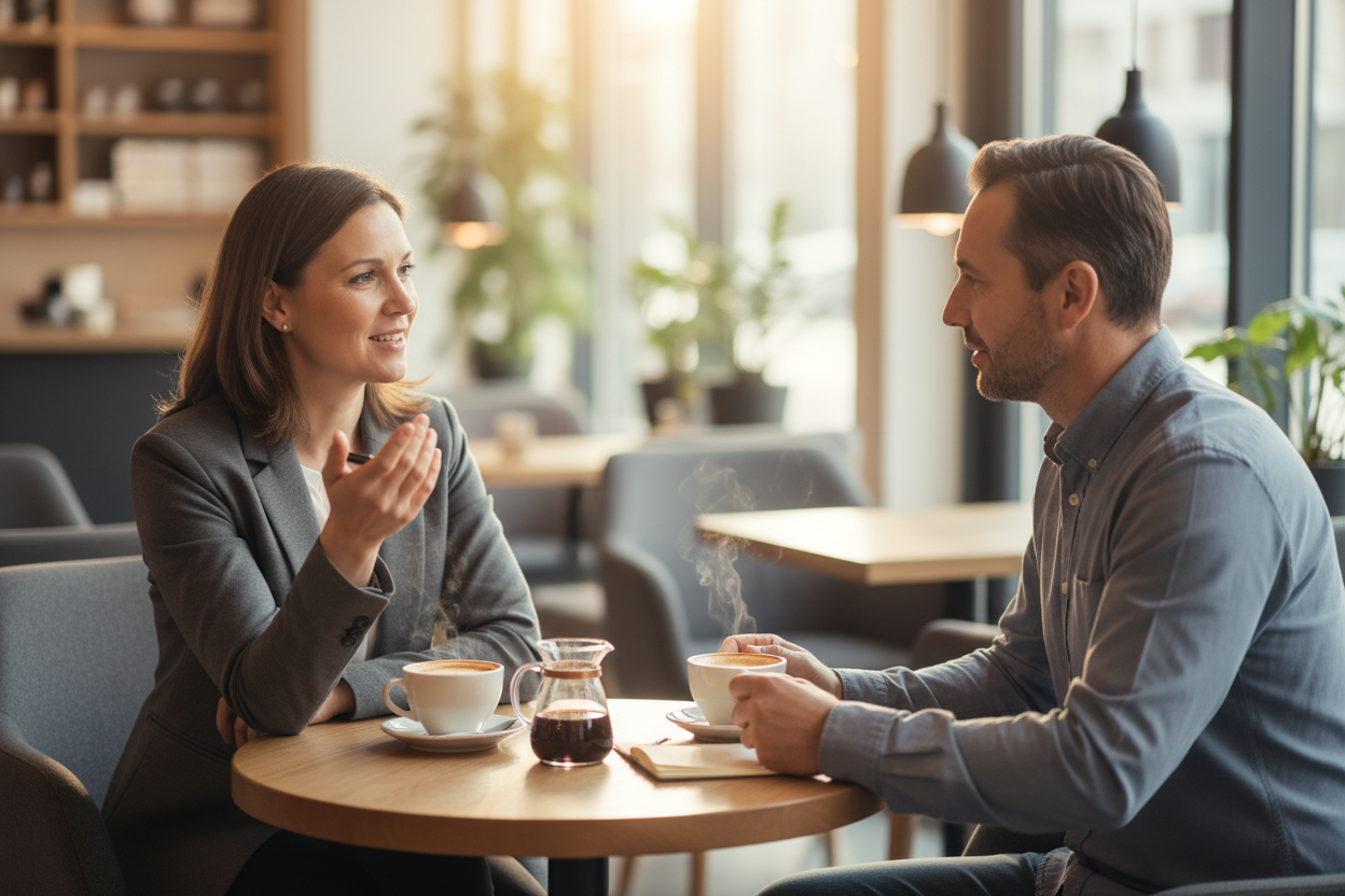 personas tomando un cafe, una le hace un coaching a la otra, imagen realista!